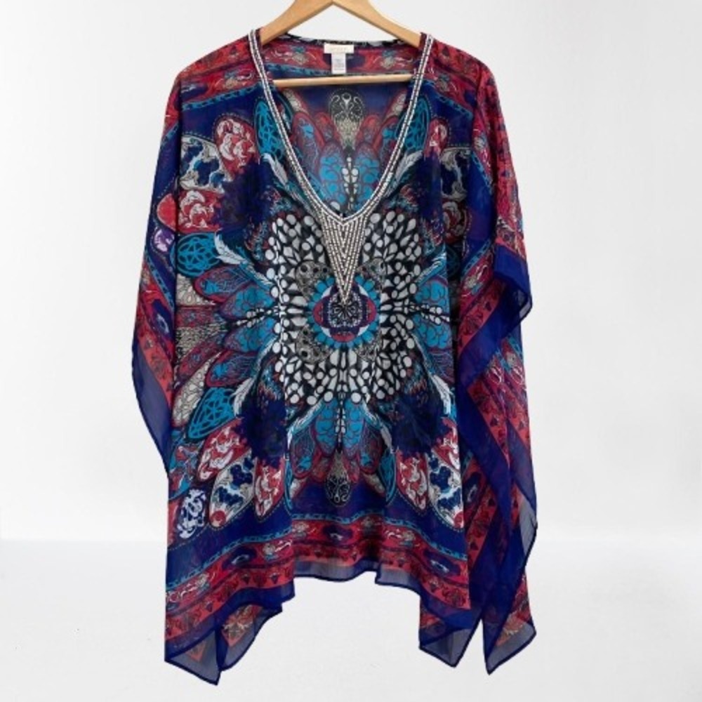 Chicos Sheer Kaftan Shawl Top Medallion Beaded Cover Up One Size‎